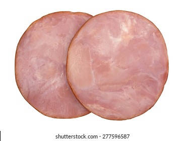 Two Thick Slices Of Packaged Ham On A White Background.