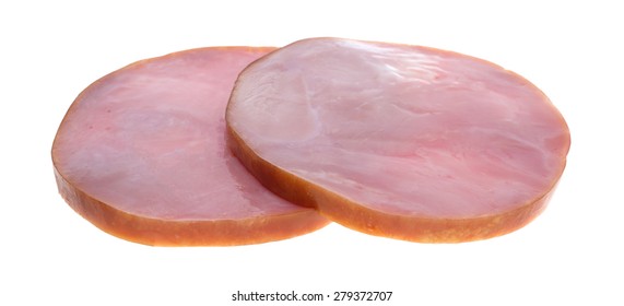 Two Thick Slices Of Packaged Ham On A White Background.