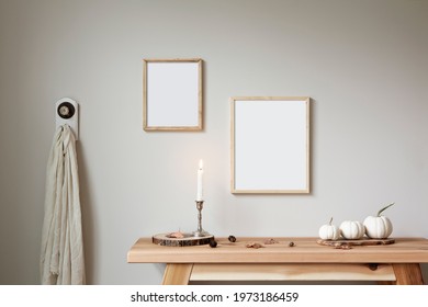 Two thin wood frames mockup. 8x10 and 11x14 sizes. Bohemian style props, decorated for fall.
