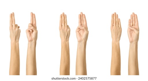 Two, three or four fingers folded together. Multiple images set of female caucasian hand with french manicure showing Fingers folded together gesture isolated over white background - Powered by Shutterstock