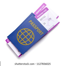 Two Tickets For Plane With Passports Isolated On White Background