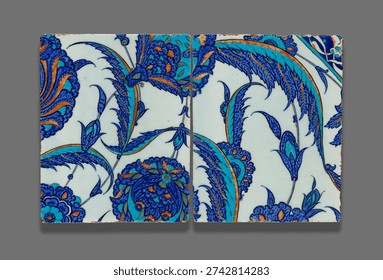 Two Tiles with Continuous Floral Pattern by Islamic. Antique object, vintage art design.