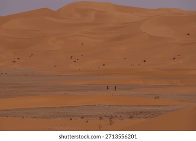 Two tiny figures crossing vast orange sand dunes in the Algerian desert
