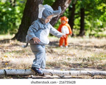 Two Toddler Boys Dressed In Animal Costumes In Autumn Park, Focus On Child In Elephant Costume