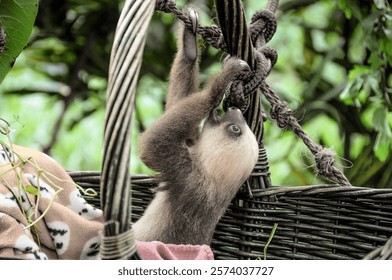 two toed sloth climbing up a tree