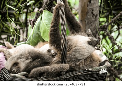 two toed sloth climbing up a tree
