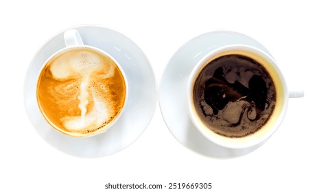 Two top view white isolated coffee cups on saucers, one filled with black coffee and the other with a cappuccino topped with foamy milk, symbolizing contrast in coffee types and preferences.

 - Powered by Shutterstock