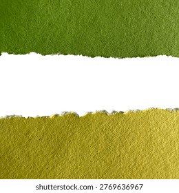 two torn sections of textured paper, separated by a wide white space. The upper strip is a distinct green, while the lower strip is a lighter, yellowish-green or muted gold hue. The torn edges of both paper pieces are irregular and show the natural fibers of the central white area serves as a prominent negative space, adding text or The focus is on the texture and color contrast between the two paper types.