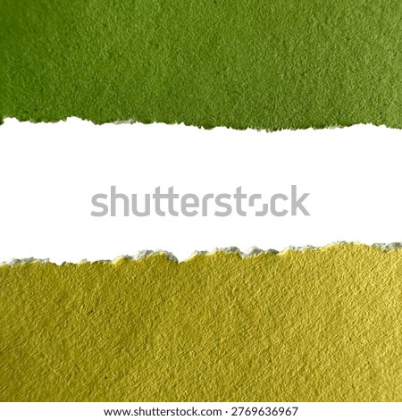 two torn sections of textured paper, separated by a wide white space. The upper strip is a distinct green, while the lower strip is a lighter, yellowish-green or muted gold hue. The torn edges of both paper pieces are irregular and show the natural fibers of the central white area serves as a prominent negative space, adding text or The focus is on the texture and color contrast between the two paper types.
