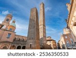 Two Towers (Le Due Torri Garisenda e degli Asinelli) as symbols of medieval Bologna, Emilia-Romagna, Italy