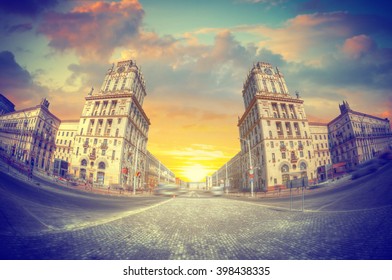 Two Towers On Railway Station Square City Gates Minsk Belarus