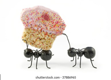 Two toy black ants carrying a crispy cereal cupcake, concept, isolated on white background, horizontal with copy space, cute