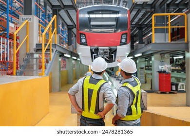 Two train maintenance engineers in a depot, discussing the upkeep of a modern passenger train.