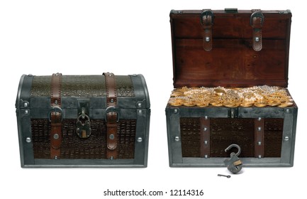 Two treasure chests isolated on a white background with clipping paths; one in a closed position and the other open revealing treausre inside