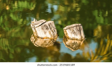 Two tree trunks are floating in a pond. The water is calm and the trees are surrounded by green leaves - Powered by Shutterstock - Get 15% off with code: PIKWIZARD15