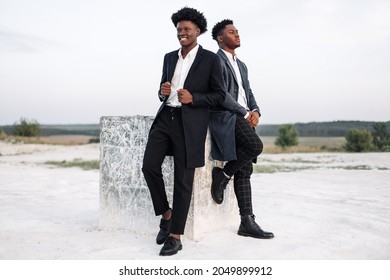Two Trendy African Black Men, Outdoors, In Stylish Classic Clothes, With Fashionable Hairstyle, Handsome Men, Model Portrait, Fashion Concept, Mens Clothing