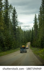 Two Trucks Carrying Kayaks In A Gravel Road