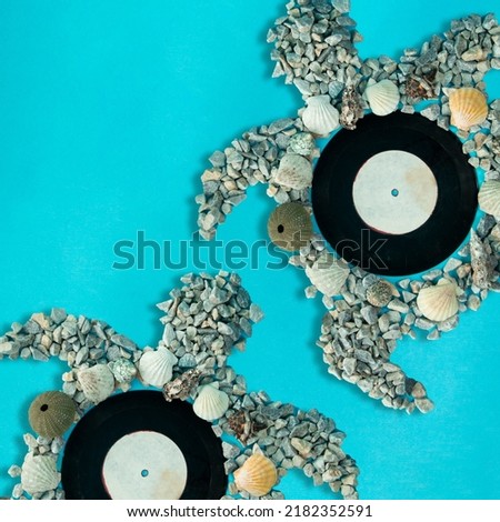 Two turtles made from a musical record of shells and sand.