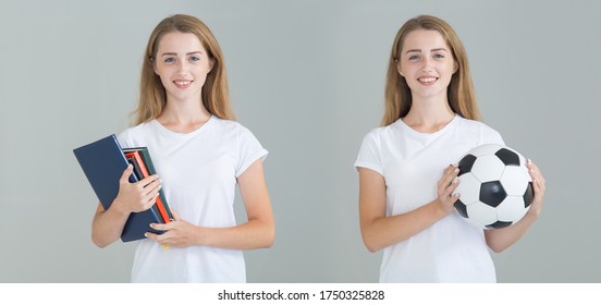 Two Types Of One Girl In School And In Sports. First - Student With Books And The Second - Athlete With A Soccer Ball. Beautiful Young Woman On A Gray Background.