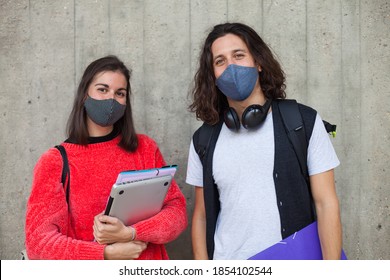 Two University Students Outdoor Wearing Mask During Coronavirus Times