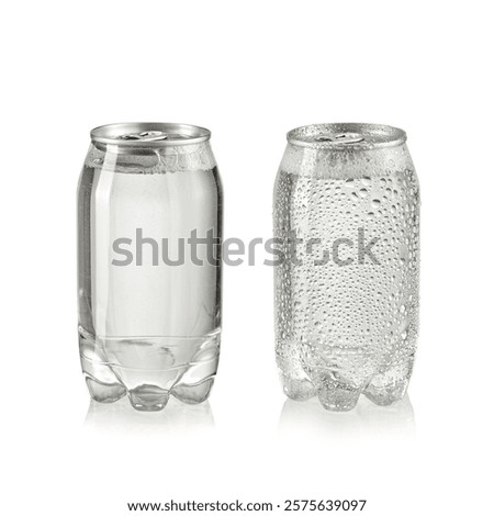 Two unopened full transparent cans with and without drops on white background, studio shot