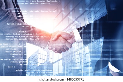 Two unrecognizable businessmen shaking hands over abstract city background with double exposure of lines of code. Concept of partnership and hi tech startup. Toned image