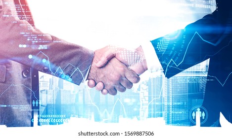 Two unrecognizable businessmen shaking hands in city with double exposure of big data interface. Concept of partnership and hi tech startup. Toned image