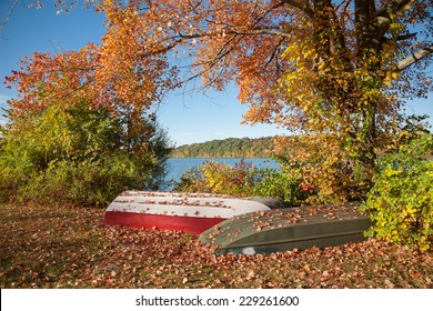 Two Unused Row Boats Next To The Lake In Putnam County, NY.