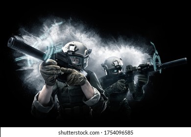 Two US Marine Corps Soldiers With Weapons Going To Attack. Shot In Studio. Explosion On Black Background. (panoramic Image, Military Concept Of The Sci-fi Future Soldiers, Different Version, Flip)