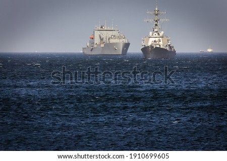 Two US Navy ships anchored in Tokyo Bay off the coast of Yokosuka, Japan.