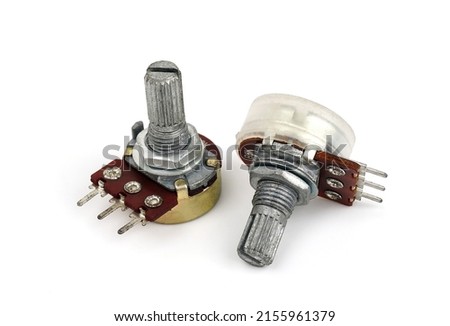 Two variable resistor isolated on white background. rheostat. Electronic parts concept. potentiometer.                  