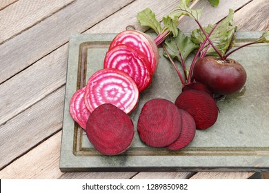 Two varieties of beets, regular and striped Chioggia. Root vegetables cut into slices.
