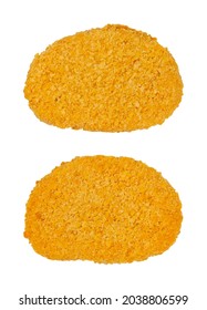 Two vegan breaded cutlets, from above, isolated on white background. Two slices of pre-fried schnitzel, based on soy protein, a meat substitute, in crispy breading, ready to fry. Close-up, food photo.