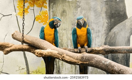 Two vibrant blue-and-yellow macaws perch side-by-side on a branch. Their colorful plumage stands out against a painted backdrop. The birds seem curious, observing their surroundings with keen eyes.