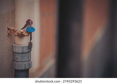 Two vibrant keys dangle from a rusty pipe in a narrow alley. The sunlight softly illuminates this curious scene, hinting at hidden stories and untold journeys in the city