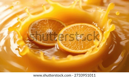 Two vibrant orange slices create dynamic splashes and ripples as they fall into a pool of fresh, bright orange juice, highlighting a refreshing and zesty beverage.