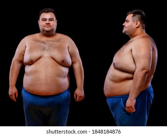 Two Views Of Young Shirtless Fat Man: Front And Profile Shot, Isolated On Black Background