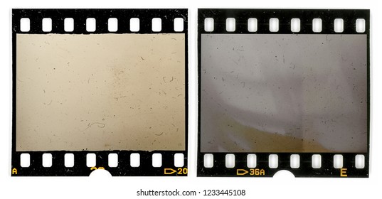 Two vintage 35mm film frames on white, grungy photo placeholder, no movie screens, just blend in your content