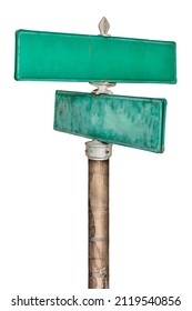 Two Vintage Green Empty Street Name Signs Isolated On A White Background