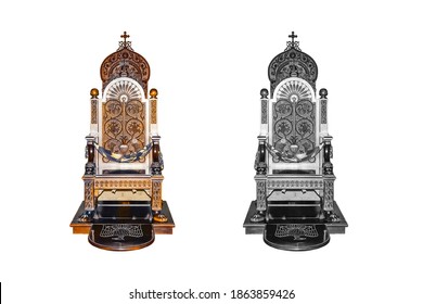 Two vintage throne church chairs isolated on a white background. Color and black and white views.