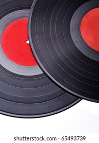 Two Vintage Vinyl Records With Red Label, Closeup