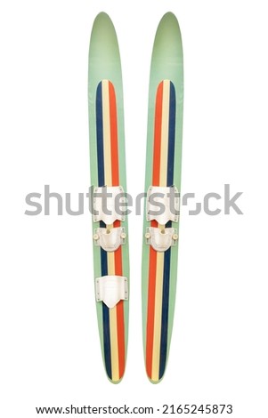 Two vintage weathered water skis isolated on a white background