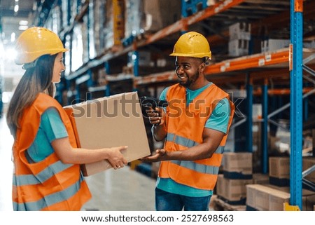 Two warehouse workers collaborating, scanning packages, managing inventory with handheld scanner, ensuring smooth distribution and retail operations
