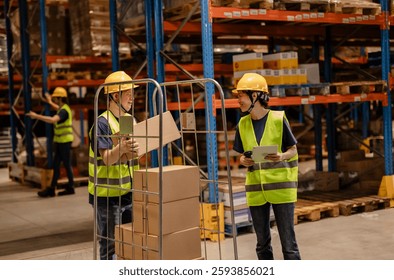 Two warehouse workers are using barcode scanners and digital tablets to manage inventory and logistics within a large distribution center, surrounded by shelves stocked with goods