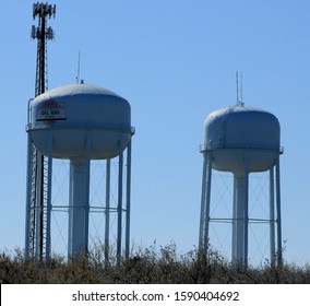 Two Water Towers With A Cell Phone Tower In Background, Del Rio, TX/USA (Dec. 16, 2019)