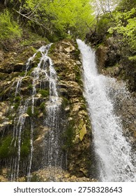 Two waterfall streams flowing down a rocky forest cliff with mossy stones and clear water in a natural mountain setting.