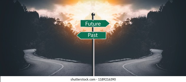 Two way junction with "past and present" sign in the middle. Meant to symbolize moving on and not looking a the past - Shutterstock ID 1189216390