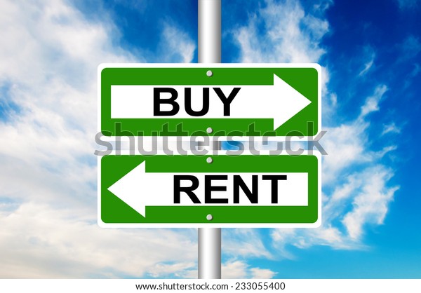 Two way street road sign pointing to Buy and\
Rent with a blue sky in a\
background