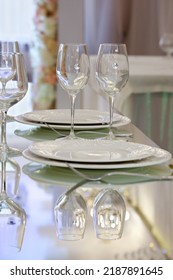 Two Wedding Glasses For Champagne Or Wine. The Concept Of Celebratory Drinks And The Wedding Table Layout.