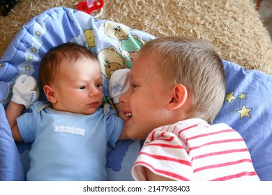 Two weeks old newborn boy infant with anti grasping gloves meets with his four years older brother